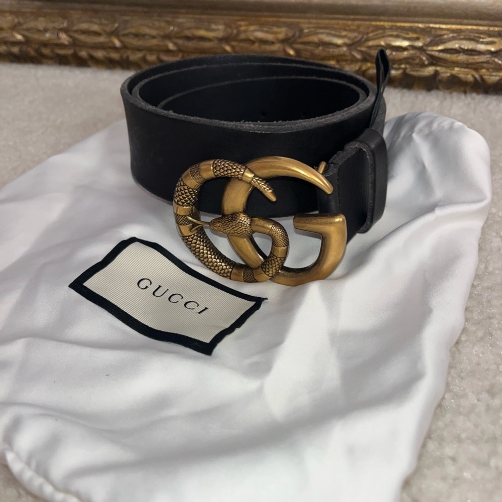 Gucci Black Leather Belt with Gold Snake Buckle